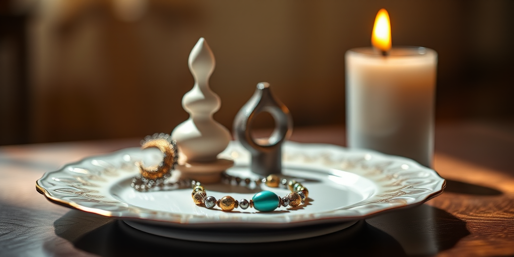 Still life photography of a decorative plate with a necklace, abstract sculpture, and a candle, shallow depth of field, 50mm lens, f/1.8 aperture, ISO 200, natural light, warm bokeh background, DSLR camera.