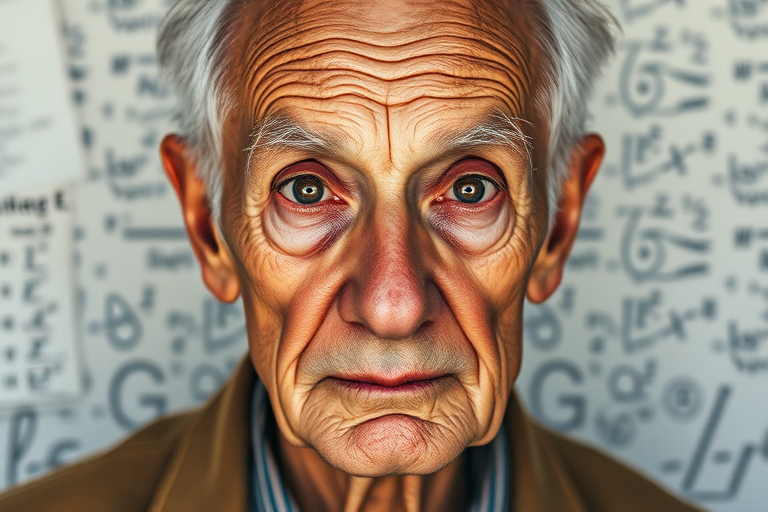 Create a highly detailed portrait of an elderly man with deep-set eyes and an intricate background of mathematical equations and artistic sketches, captured with a DSLR camera at 85mm focal length, f/1.8 aperture, ISO 100, using natural lighting for enhanced texture and depth, in a soft-focus style to emphasize the subject's face.