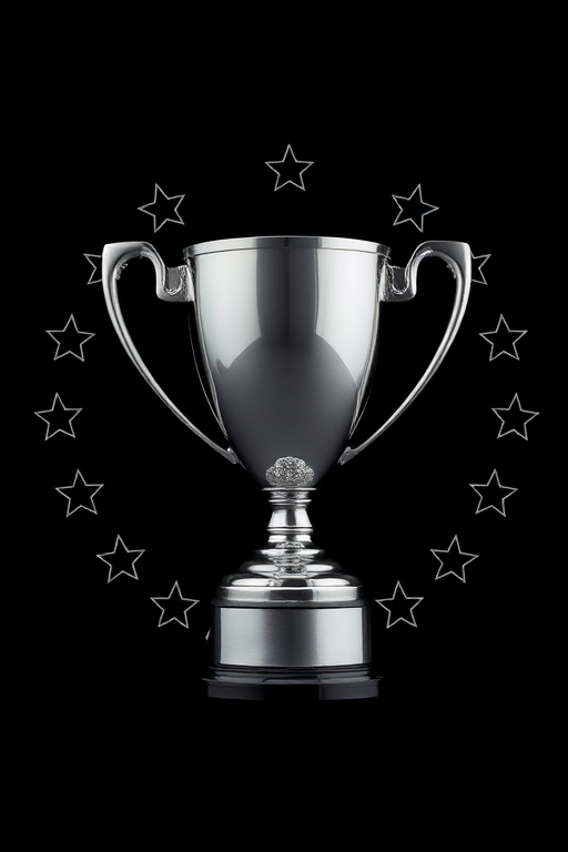 Create a high-resolution image of a silver trophy surrounded by a circular design of black stars on a dark background, using a DSLR camera with a 50mm lens at f/1.8, ISO 100, and a soft focus style.