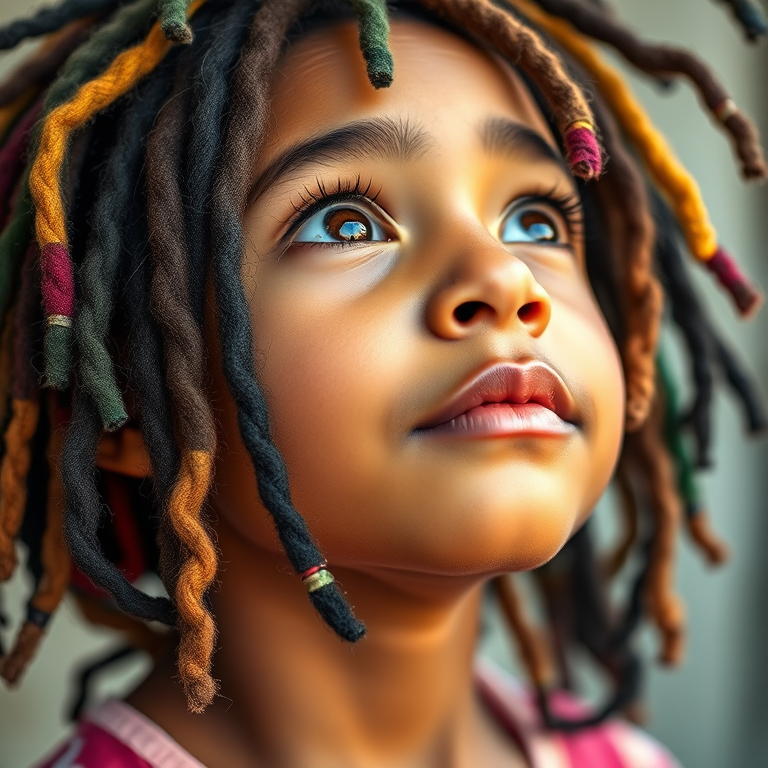 Create a portrait of a young girl with vibrant, multicolored dreadlocks, looking upward with expressive brown eyes, use a shallow depth of field, shot with a Canon EOS R5, 85mm lens, f/1.4, ISO 100, soft natural lighting for enhanced texture and detail.
