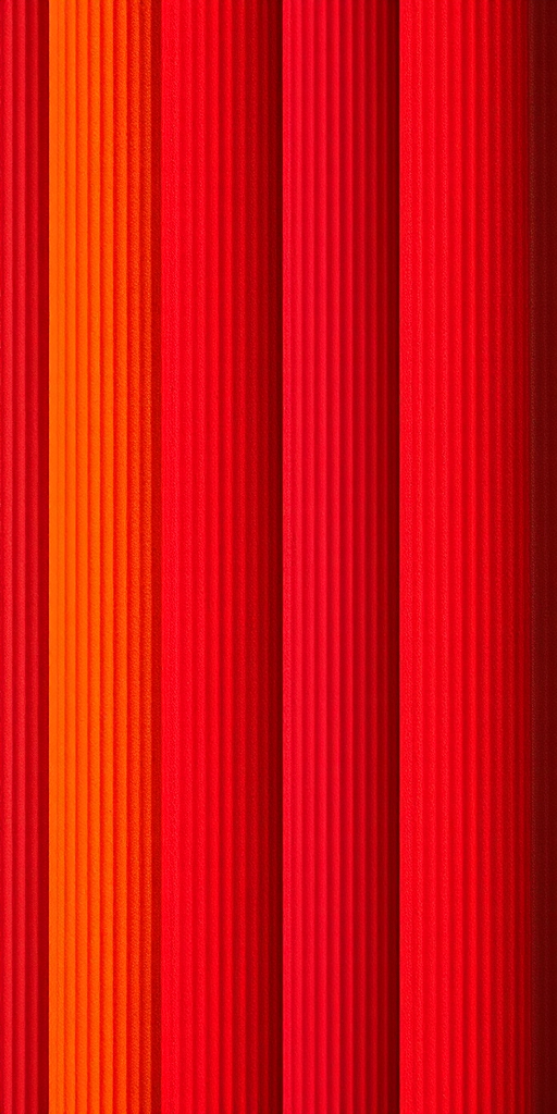 Create an abstract image with textured stripes in shades of red and orange, using a Canon EOS R5 with a 50mm f/1.8 lens, aperture set to f/2.8, ISO 100, and a shallow depth of field to enhance color vibrancy and detail, shot from a top-down perspective.