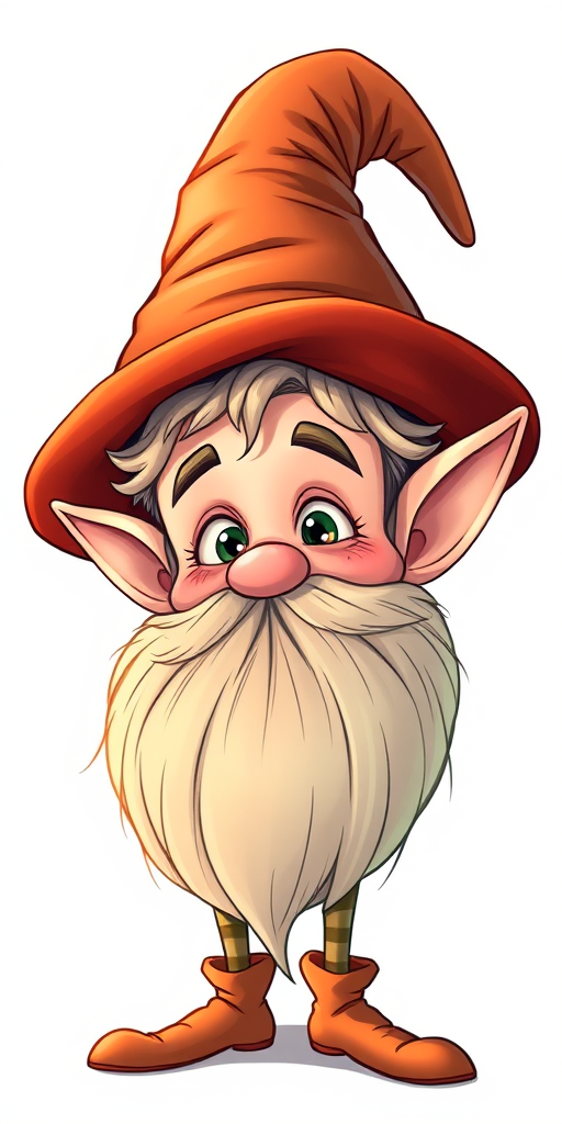 Create a high-resolution illustration of a whimsical elf character with a large hat and bushy beard, highly detailed lines, in a studio lighting setup, using a DSLR camera with a 50mm lens, f/2.8 aperture, ISO 100, and a slight vignette effect to focus attention on the elf.