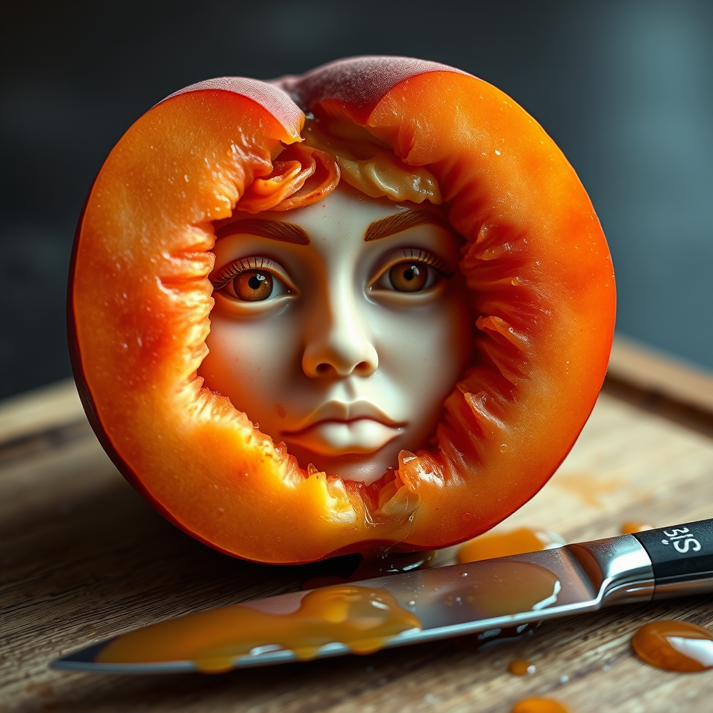 A hyperdetailed photorealistic macro color saturated high resolution image of a peach cut in half, with the peach pit being a highly detailed sculpted woman's face with her eyes open and peach-colored irises. The face has a marble texture. The image includes condensation, moisture, and peach juice. The peach is on a wooden cutting board with a small fruit knife nearby, also covered with juice.