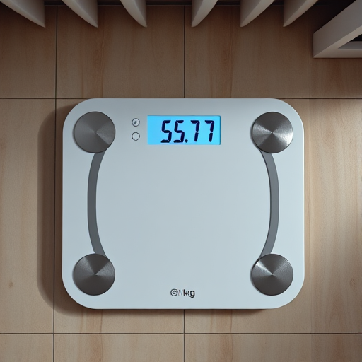 Generate a high-resolution image of a digital bathroom scale displaying 55.7 kg, using a DSLR camera with a 50mm lens at f/2.8, ISO 200, 1/100 sec shutter speed, in a well-lit indoor environment with a top-down view.