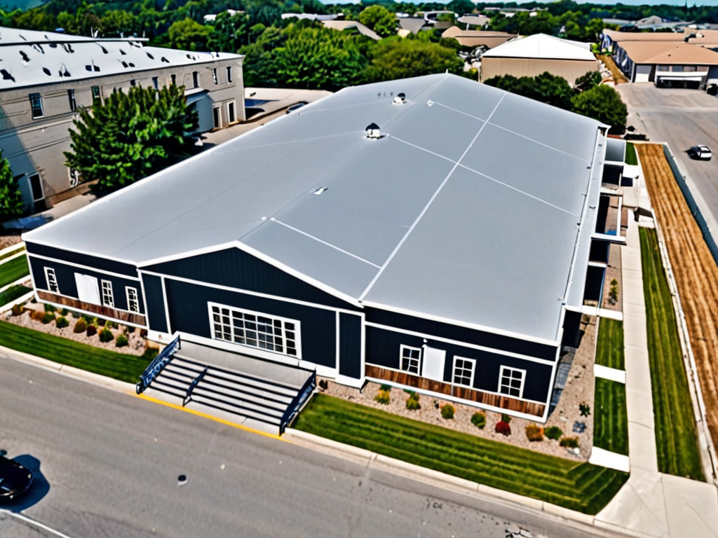 A 2 story event hall structure on the outside drone view