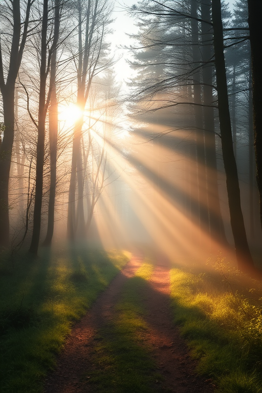 Mist-covered forest path with sunlight filtering through trees, shot at dawn, using a full-frame DSLR camera, 50mm lens, f/2.8 aperture, ISO 200, shutter speed 1/125 sec, soft focus style.