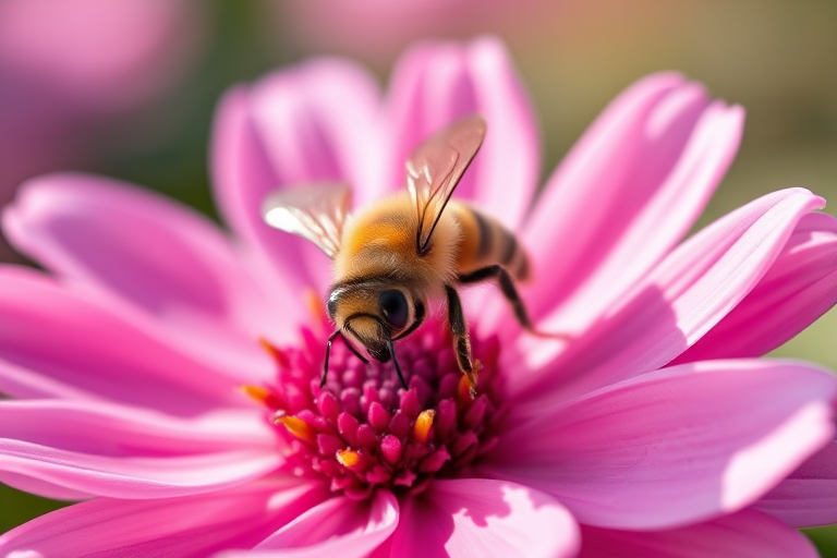 macro shot of a bee on a pink flower with detailed textures, soft natural lighting, shallow depth of field, aperture f/2.8, ISO 200, shutter speed 1/250s, DSLR camera, 100mm lens, focus on the bee with a blurred background.
