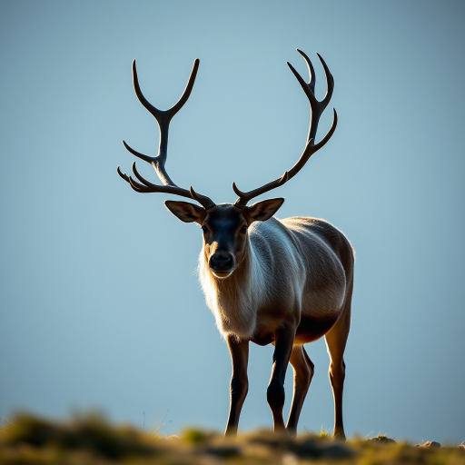 Create a high-quality silhouette of a walking reindeer with intricate antlers, using a Canon EOS 5D Mark IV camera with a 50mm f/1.8 lens, aperture set to f/4, ISO 100, and a shallow depth of field, capturing the view in soft natural light.