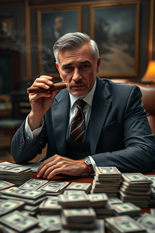 Create a dramatic portrait of a wealthy businessman sitting at a desk covered in stacks of money, with a cigar in hand, using a Canon EOS R5, 50mm lens, f/1.8 aperture, ISO 100, soft lighting for a cinematic effect, captured from eye level to emphasize authority.