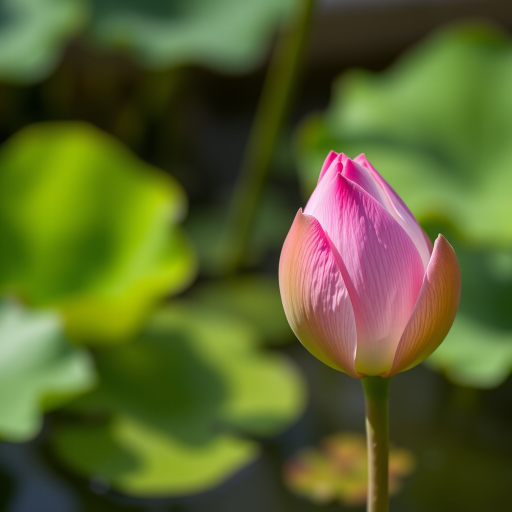 lotus flower bud in a serene pond setting, soft focus background with vibrant green lily pads, close-up shot, aperture f/2.8, shutter speed 1/125s, ISO 100, taken with a DSLR camera, natural lighting, macro lens