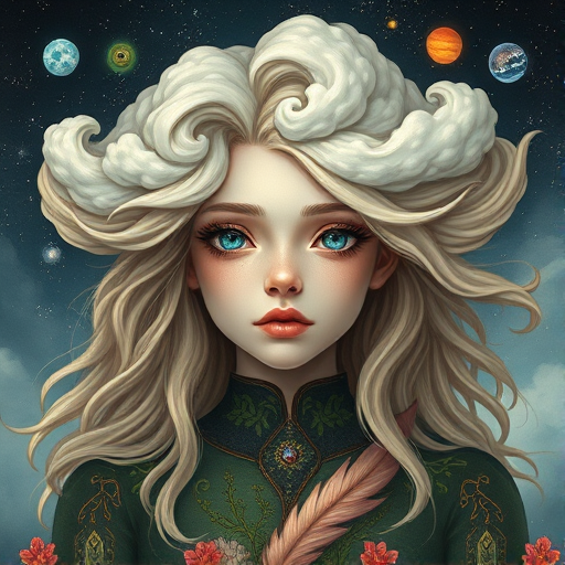 Create a series of imaginative portraits where each subject is infused with elements of fantasy and nature. The hair of the individuals should flow like clouds, varying from soft, fluffy cumulus to wispy cirrus strands, with hints of color reflecting a sunset or a clear blue sky. The eyes should be windows to entire galaxies, with stars, nebulae, and distant planets visible within them. Clothing should be adorned with nature motifs, such as floral patterns that bloom and change, vines that seem to grow and wrap around, or feathers that shimmer with iridescence. Each portrait should capture a unique personality, blending human features with the ethereal beauty of the natural and cosmic world. The backgrounds can vary, from starry night skies to enchanted forests, adding depth and context to the magical realism of the portraits