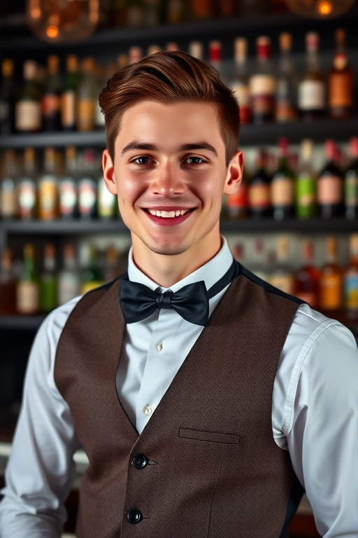 Create a portrait of a young male bartender in a stylish vest and bowtie, smiling at the camera with a well-stocked bar in the background, using a 50mm lens, aperture f/1.8 for shallow depth of field, ISO 200 for clarity, and natural lighting for warmth.