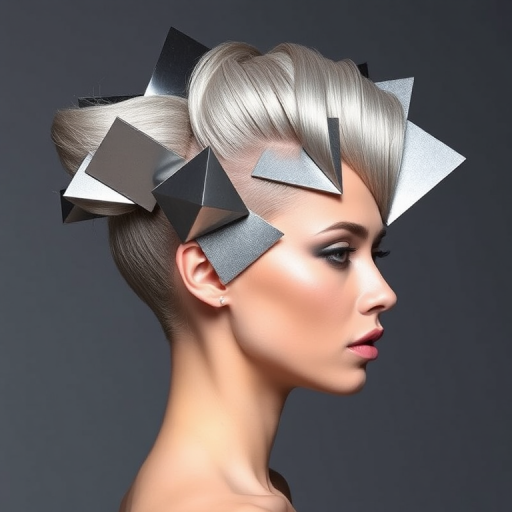 Avant-garde model showcasing an architectural updo with geometric shapes and angles, colored in a striking metallic silver