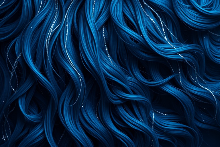 Midnight blue mermaid waves reaching down to the waist, dubbed "Oceanic Cascade," with silver tinsel strands interwoven for a magical, starry night effect