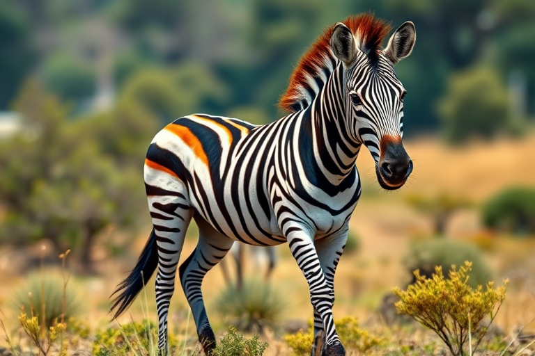 Create a detailed illustration of a zebra standing in a natural setting with vibrant colors, using a DSLR camera with a 50mm lens, aperture set to f/2.8 for shallow depth of field, ISO 100, and shot from eye level for a realistic perspective.