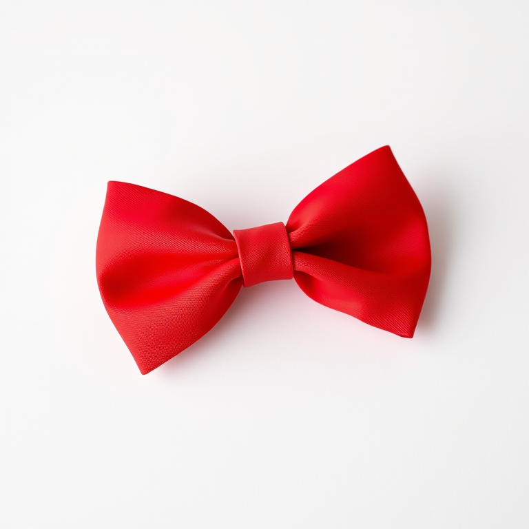 Create a vibrant red bow tie on a white background with high resolution, 50mm lens, f/2.8 aperture, ISO 100, soft natural lighting, macro photography style, digital camera.