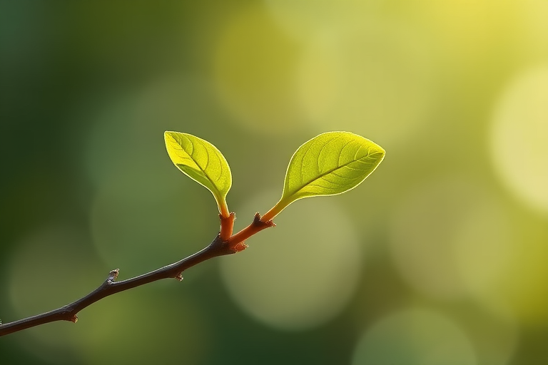Create a high-resolution illustration of a small twig with two green leaves, natural lighting, macro lens, 85mm focal length, aperture f/2.8, shallow depth of field, soft focus background, digital art style.
