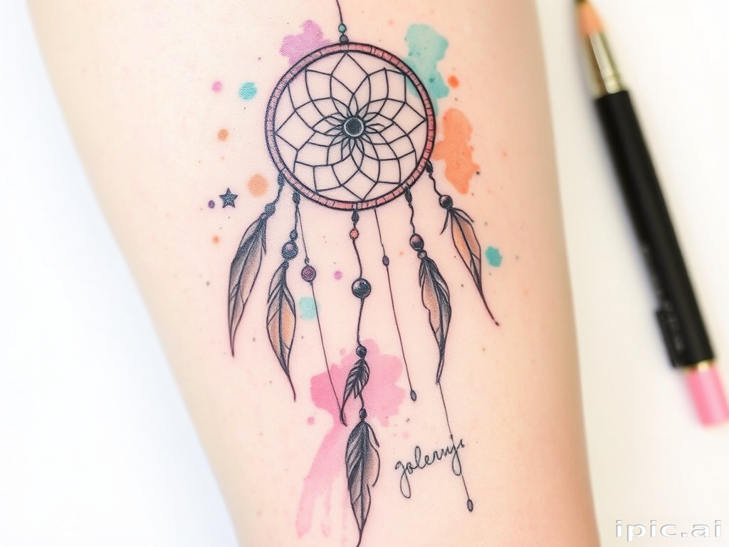 Watercolor sketch tattoo called "Ephemeral Dreams" featuring a dreamcatcher with flowing feathers and delicate beads, rendered in a loose and expressive style with soft washes of pastel colors blending seamlessly into each other, incorporating subtle splatters and drips to enhance the ethereal quality of the design, accented by fine line work to define key details, ideal for those drawn to artistic and whimsical tattoo styles that evoke a sense of magic and wonder