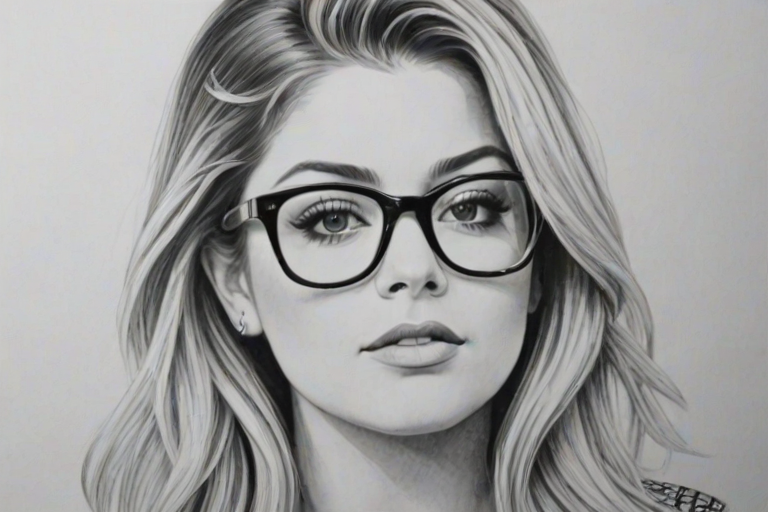 Sublime Lauren Alaina, pencil sketch, portrait of Appealing woman 1962s in glasses, hair style beatnik, outline, clear lines, fine lines, 8k