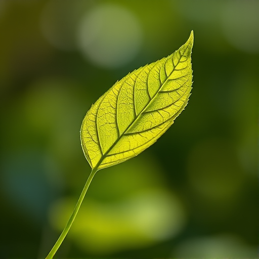 Create a highly detailed and clear illustration of a leaf on a thin stem, captured with a DSLR camera using a 50mm lens, aperture f/2.8, shutter speed 1/100s, ISO 200, in natural light with a shallow depth of field for a blurred background.