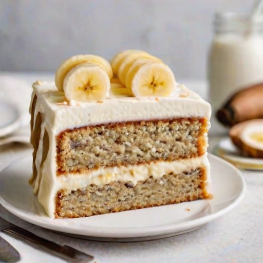 Create an image of a slice of banana cake with layers of creamy frosting, topped with banana slices. The cake should be on a white plate with a soft background, highlighting the cake's texture and the fresh banana decoration.
