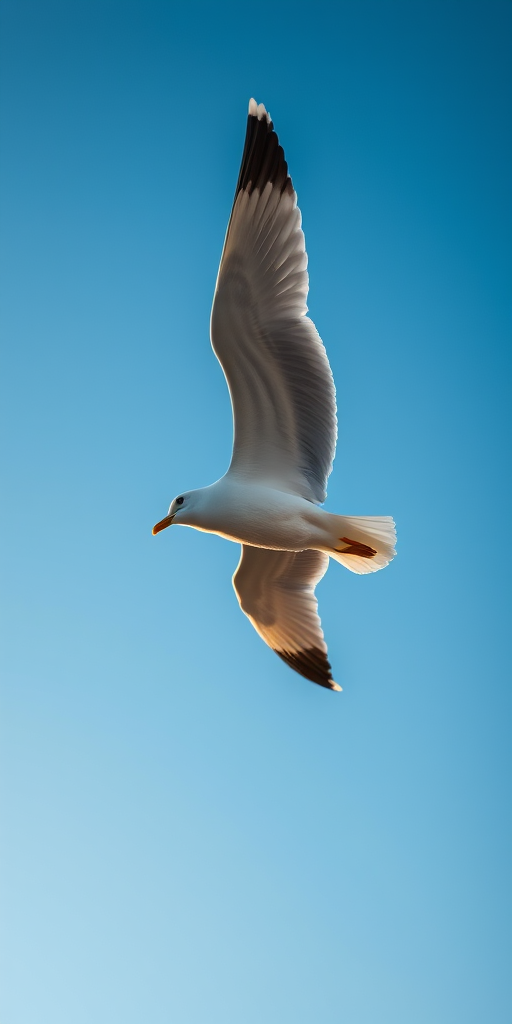 Capture a soaring seagull with wings fully extended in a clear blue sky at sunrise, using a Canon EOS 5D Mark IV, ISO 100, f/8 aperture, 1/1000 sec shutter speed, focal length 200mm, in a portrait orientation for a detailed close-up view.