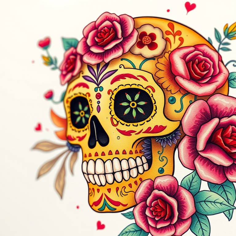Create a detailed, vibrant sugar skull illustration with intricate floral designs, using a Canon EOS R5 camera, 50mm f/1.2 lens, aperture set to f/1.8, ISO 100, with a soft focus background and high saturation colors.