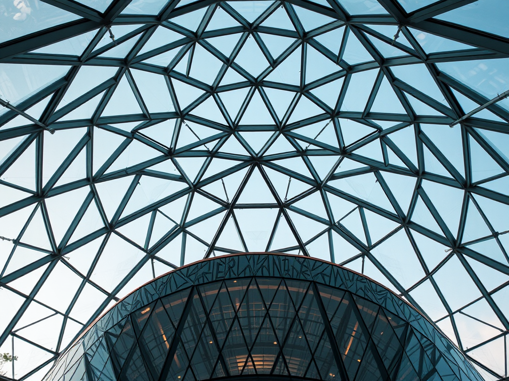 photograph of a modern glass dome with triangular patterns, taken with a Canon EOS R5, 24mm lens, f/8 aperture, ISO 200, natural light, from a low angle to emphasize the architectural design and depth, focus on details of the glass and reflections