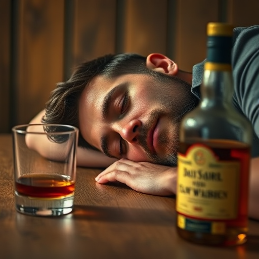 A man with a beard sleeping on a wooden table with a glass and a bottle of whiskey nearby, warm lighting, shallow depth of field, ISO 100, f/2.8, 50mm lens, natural light, DSLR camera.