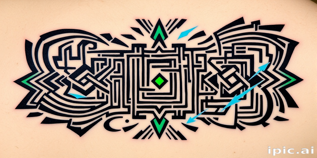 Striking "Neo-Tribal Fusion" tattoo combines traditional Polynesian patterns with futuristic geometric elements. Bold black lines form intricate maze-like designs, interspersed with electric blue and neon green accents. This modern take on tribal art features sharp angles and symmetrical shapes, creating a dynamic and visually captivating piece that seamlessly blends ancient and contemporary aesthetics.