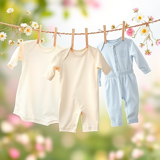 a digital illustration of baby clothes hanging on a clothesline with flowers, soft pastel colors, high resolution, shot with a Canon EOS R5, 50mm lens, f/2.8, 1/100s, soft focus, natural light