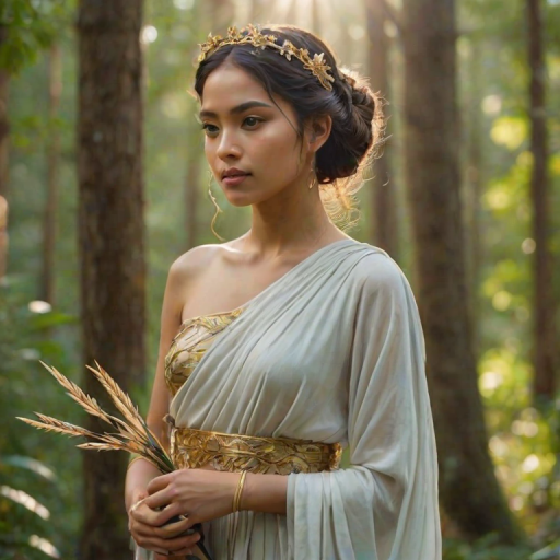 Create a portrait of a goddess-like Malay girl figure in a tranquil, forested environment. She has an elegant appearance with long, wavy hair styled in an updo and adorned with a delicate, floral headband. She wears a flowing, ancient Greek-inspired gown in a soft, pale color, featuring a one-shoulder design and draped fabric that accentuates her graceful form. The outfit includes a decorative belt with ornate gold detailing, and she holds a bow in her hand, with a quiver of arrows slung over her shoulder. The background depicts lush greenery, with sunlight filtering through the trees, casting a gentle, ethereal light on the scene. Her expression is calm and contemplative, embodying a sense of wisdom and serenity.