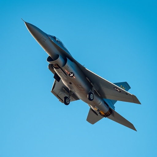 high-resolution image of a fighter jet in flight, using a DSLR camera with a 50mm lens, aperture f/2.8, shutter speed 1/1000s, ISO 100, shot from a low angle against a clear blue sky to enhance detail and clarity