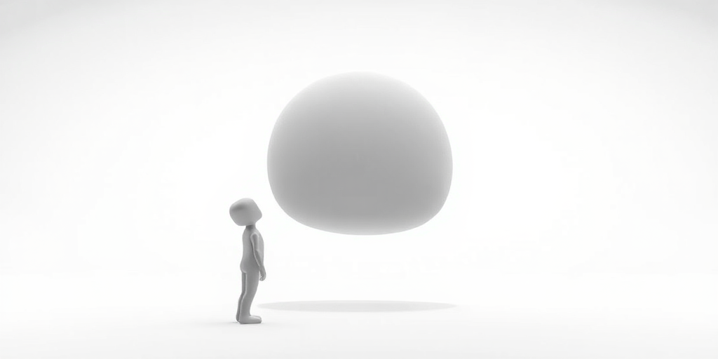 Create a 3D render of a simplistic humanoid figure looking up at a large, abstract gray shape above it, use a rendered view with a soft focus effect, set camera aperture to f/2.8, ISO 100, shutter speed 1/60 seconds, with a 50mm lens and a studio lighting setup for high contrast and clarity.
