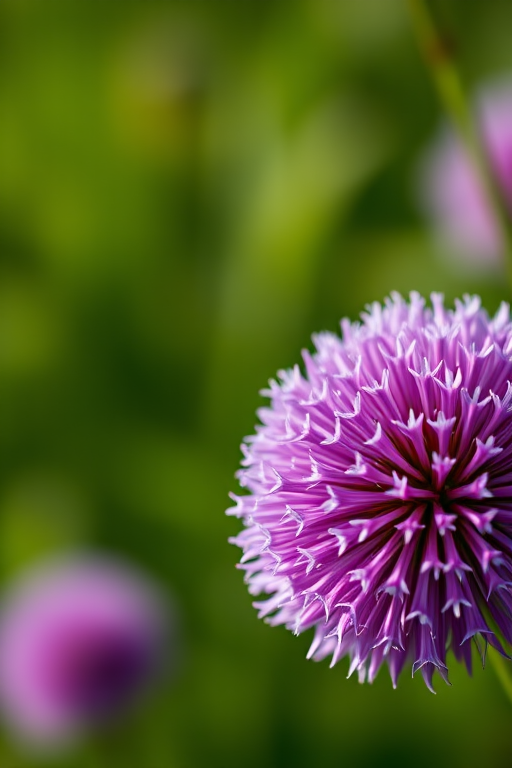 Capture a close-up of a round purple allium flower against a blurred green background, using a Canon EOS 5D Mark IV, 50mm lens, aperture f/2.8, ISO 100, and a shutter speed of 1/200s, with soft natural lighting for enhanced detail and vibrant colors.