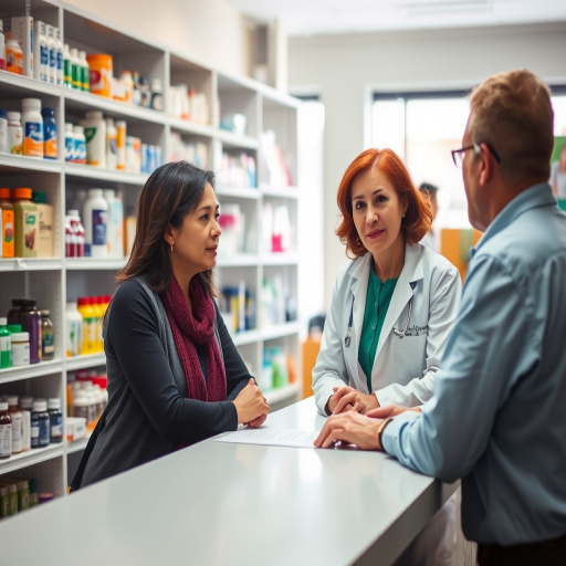 A pharmacist in a white lab coat consulting with a patient at a pharmacy counter, shelves filled with pharmaceutical products in the background, soft natural lighting, shot with a 50mm lens at f/1.8, ISO 200, shutter speed 1/100s, shallow depth of field to enhance focus on subjects.