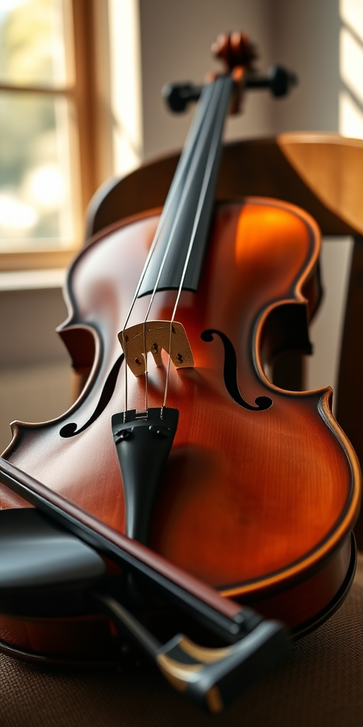 Sharp, detailed close-up of a violin resting on a chair, soft light reflecting off the wood grain, a bow lying beside it, the smell of polished wood and rosin filling the air, sunlight streaming through a nearby window.