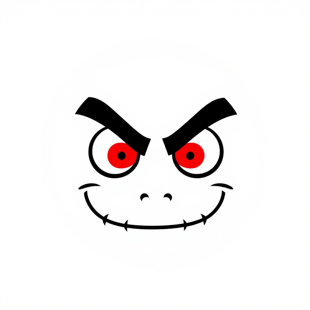 Create a minimalist illustration of a mischievous face with bold black eyebrows, bright red eyes, and a sly smile on a transparent background.