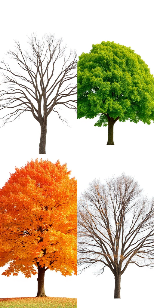 Create an image of four trees representing different seasons: a bare winter tree, a lush green summer tree, a full autumn tree with orange leaves, and a spring tree with budding leaves, taken with a DSLR camera at f/8 aperture, 50mm lens, soft natural lighting, high resolution.