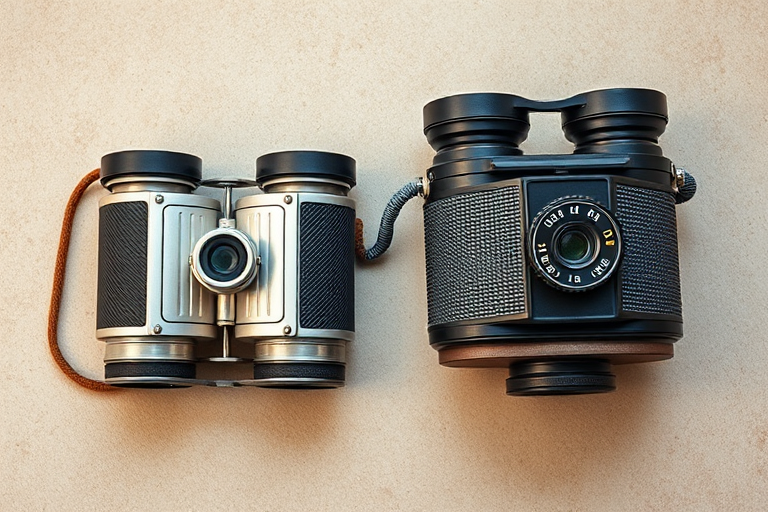 Capture an image of two vintage binoculars side by side on a neutral background, using a DSLR camera with a 50mm lens, f/1.8 aperture, ISO 100, and a shallow depth of field for a soft background blur, top-down view, natural lighting.