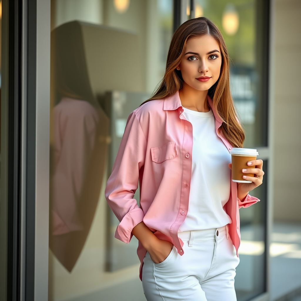 A young woman with long brown hair stands with her back against a glass door, wearing a pink button-down shirt over a white T-shirt and white pants, holding a cup of coffee in her right hand. The woman is looking directly at the viewer, her expression is neutral. Her right hand is tucked into the pocket of her pants while her left hand holds the coffee cup. The lighting is soft and natural, highlighting her features. The background is blurred, with the focus on the woman. The photo is taken from a slightly elevated perspective, showcasing the woman's full figure.