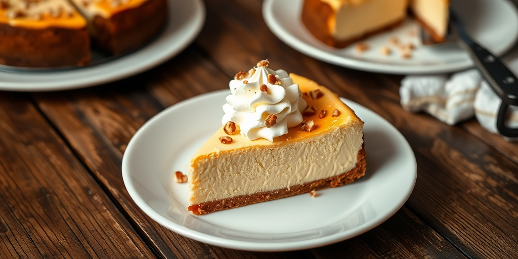 A slice of creamy cheesecake topped with whipped cream and sprinkled with chopped nuts on a white plate, sitting on a rustic wooden table with another plate in the background.