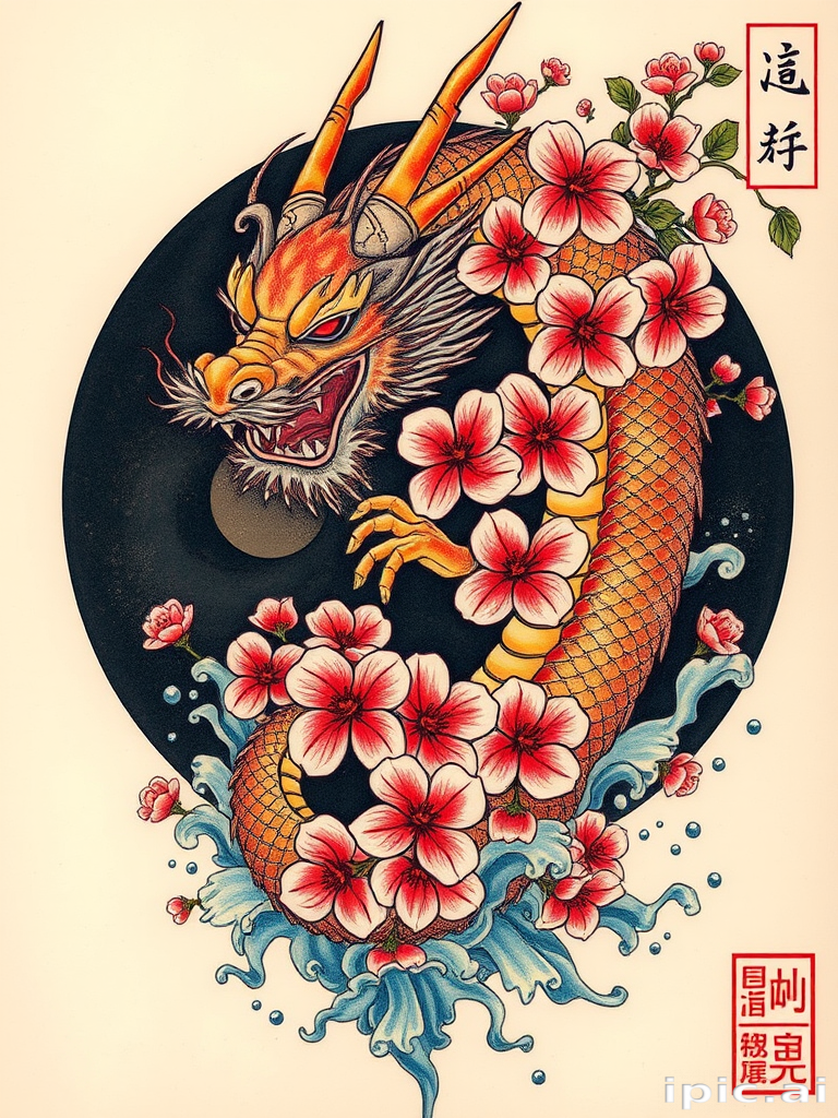 Japanese-inspired irezumi tattoo depicting a fierce dragon wrapped around cherry blossoms, featuring vibrant colors and flowing water elements, known as "Dragon's Embrace"