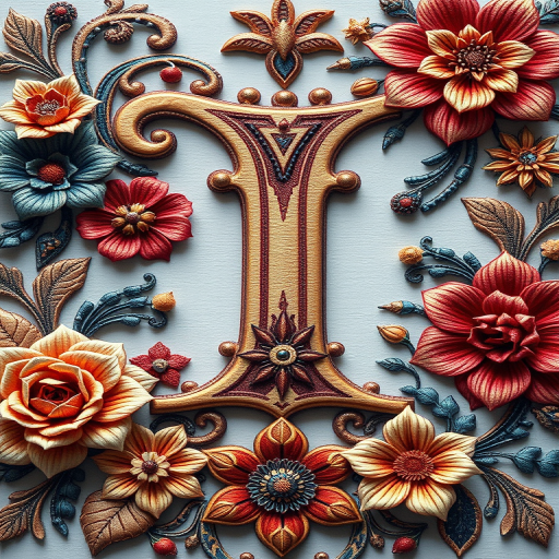 create a highly detailed illustration of a decorative letter "I" surrounded by intricate floral designs with rich colors, using a Canon EOS R5 with a 50mm f/1.2 lens, shot in natural light from a frontal view, with a macro photography style to enhance texture and detail.