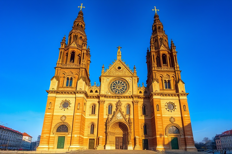 Regenerate the image of the St. Vitus Cathedral with a DSLR camera at 24mm focal length, aperture f/8, ISO 100, shot in landscape orientation, and high dynamic range for enhanced details under a clear blue sky.