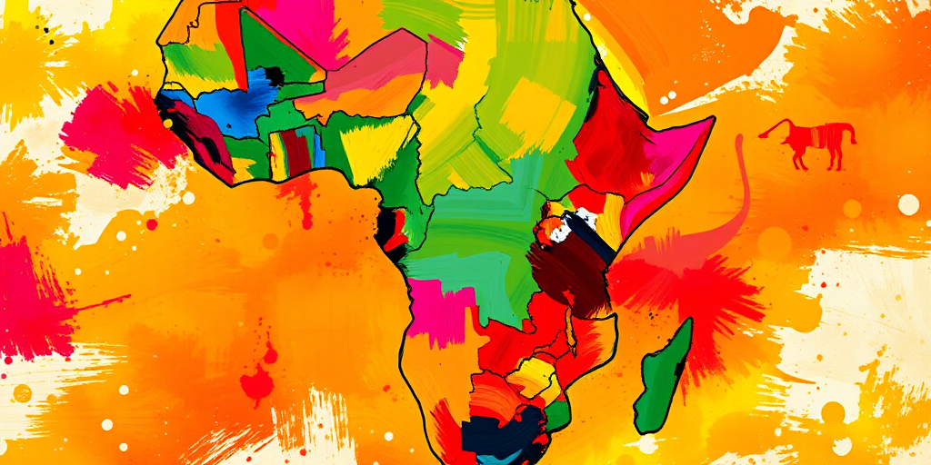 create an abstract representation of the African continent using vivid colors and dynamic brush strokes in a digital painting style, with a resolution of 300 DPI, captured from a top-down view, using a DSLR camera with a 50mm lens at f/2.8 to enhance color saturation and depth