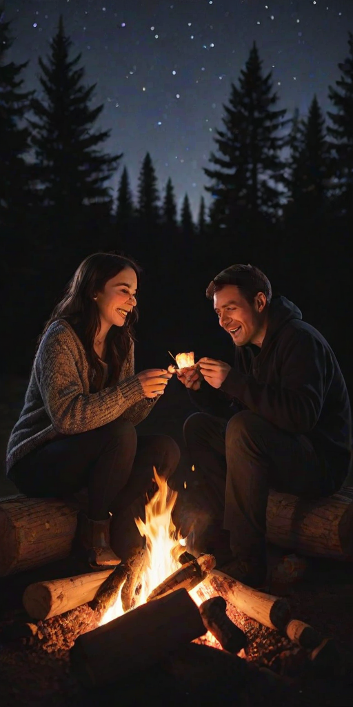 Warmly lit image of a couple roasting marshmallows over a crackling campfire, soft glow from the flames casting flickering shadows on their faces, with distant trees silhouetted against a starry sky.