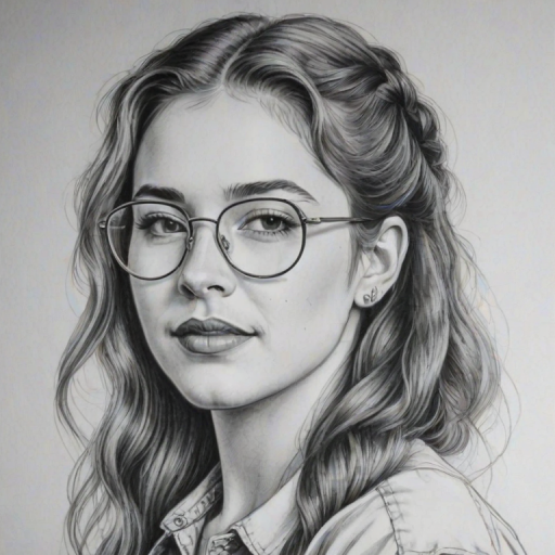 Fetching Post Malone, pencil sketch, portrait of Lovely woman 1939s in glasses, hair style beatnik, outline, clear lines, fine lines, 8k