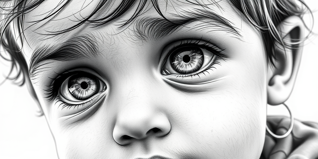 A hyperdetailed photorealistic black and white sketch of a beautiful toddler with deep white eyes, with a macro focus