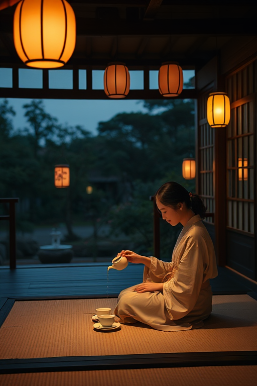 Quiet tea house at dusk, lanterns hanging from the eaves, a woman in a silk robe sits on the tatami floor, carefully pouring tea into delicate cups as the soft glow of the lanterns flickers.